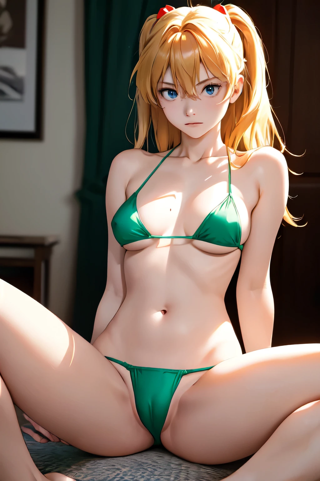 (masterpiece, best quality), 1girl, beautiful face, beautiful body, Asuka Langley Soryu, hair between eyes, solo, bright expression, natural small , cleava, thin, tall, blonde reflected light, green bikini, collarbone, silky shiny skin, see through nipple, high rion, lying, shy, perfect detailed anatomy, perfect arms, perfect fingers, navel, spread legs, bright allow depth of field, Prominent theme, Soft natural lighting, looking at viewer