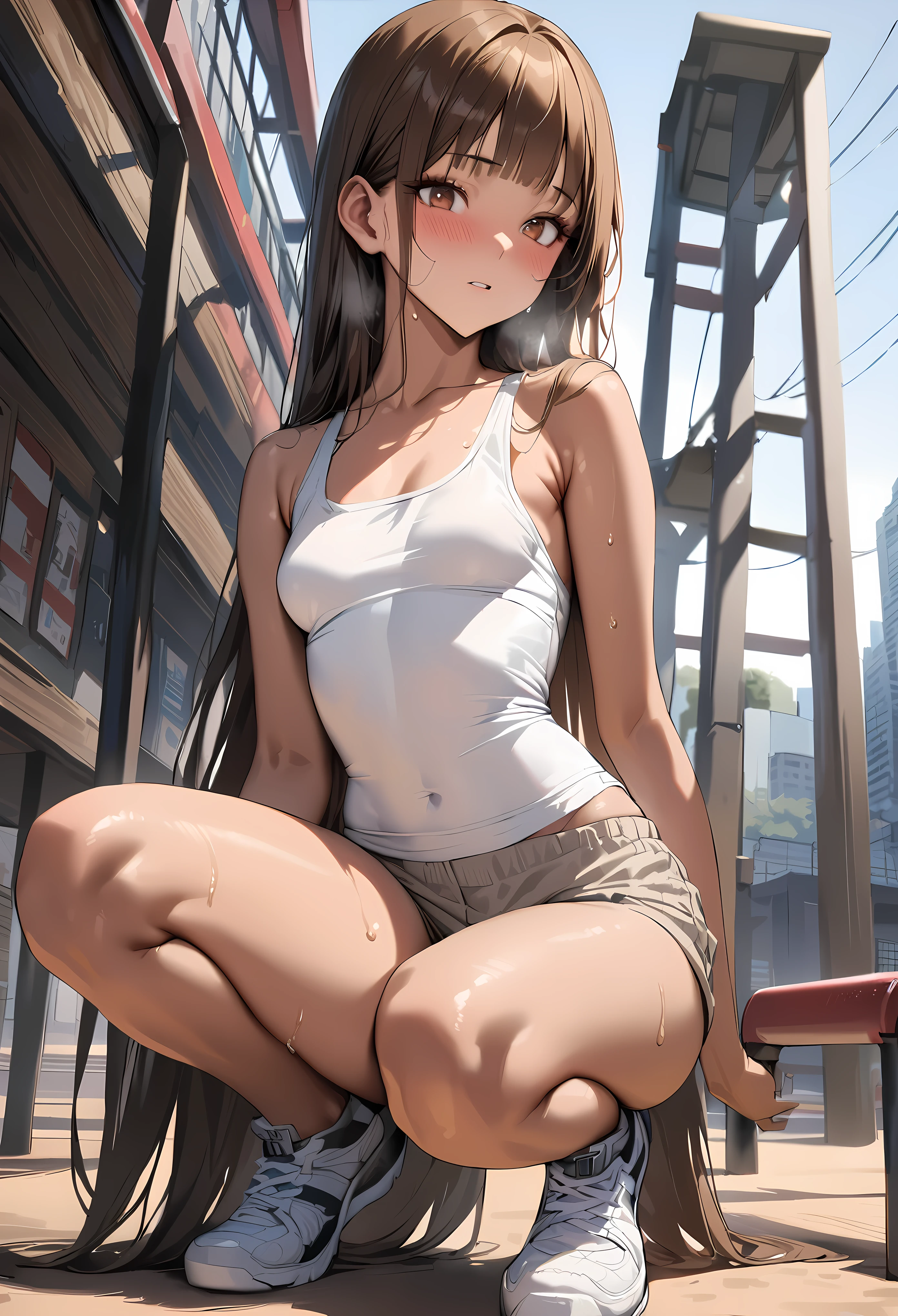 ((masterpiece,best quality anime,Highest quality:1.3)),realistic,cowboy shot,20 year old beauty,solo,1woman,((very small head:1.3)),((very long body:1.2)),ideal ratio body proportions,tan skin,brown hair,bangs,straight long hair,gorgeous eyes,brown eyes,Heavy breathing、White tank top、Light grey cotton shorts,、White running shoes、((slender body,skinny)),toned body,sweat:1.3,small breasts,gleaming skin,squatting,Running course、playground、Tokyo、