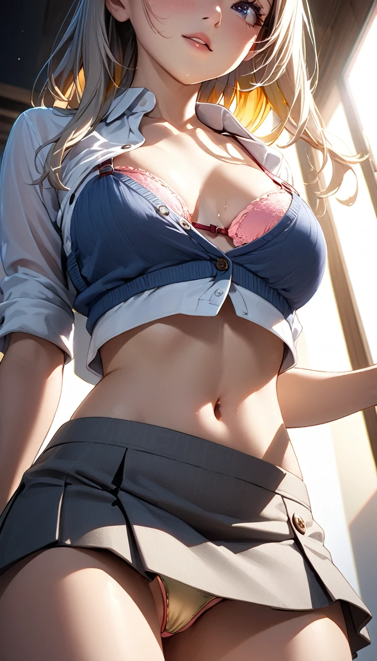 Masterpiece、最high quality、high quality、High definition、High resolution、High detail、Lens flare、Ray tracing method、high qualityの質感、high qualityの影、Beautiful details、Detailed and delicate、Detailed texture、Realistic facial expression、Realistic and colorful、Delicate、Cinematic Light、Side light、Sharp Focus、(1 woman:1.3)、(Intricate details、Makeup、Pure Eros Face_v1:0.5)、(Details Beautiful delicate face、Detailed beautiful delicate eyes、Perfect Facial Proportions、Detailed skin、Charm)、fancy hairstyles、Beautiful bangs、(Two-tone gradient hair color)、slender、(Upturned beautiful breasts)、Raise your arm and make a peace sign、Detailed crotch、Female juice、(Experiencing the best orgasm)、Light-colored mini bra、String Bra、Light-colored V-cut、Light-colored thong、Thigh mini skirt、Low-rise mini skirt、Front-button shirt、Crop top、Low-angle composition