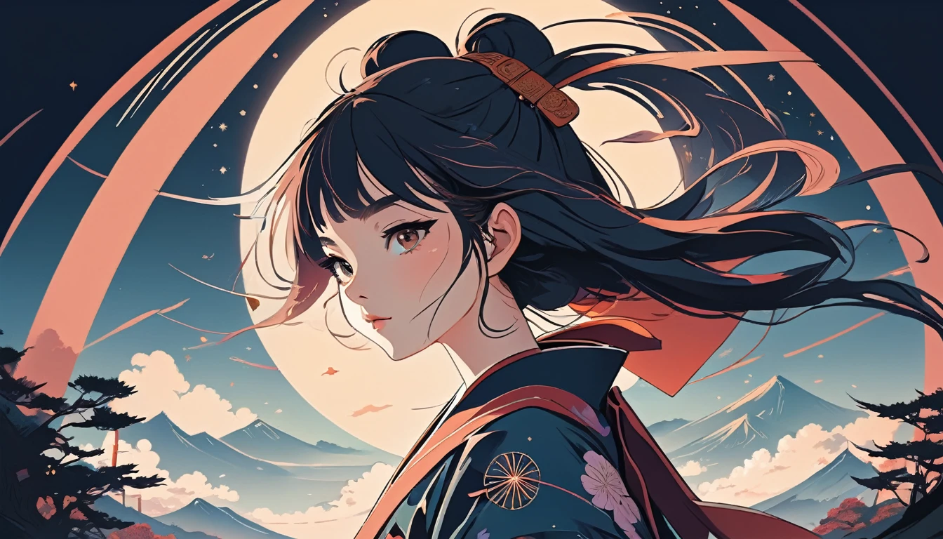 Female samurai, Wide-angle lens, Lofi Anime, Lofi illustration, Aesthetic atmosphere, Lo-Fi Style, Vector art, Flat Design, Simple shape, Warm tones, Pleasant atmosphere, Chill, In anime style, Digital drawing, Vector art, Vector logo for t-shirt printing, (Adorable:1.5), (small:1.4), (Playful:1.2), (soft:1.3), (Whimsical:1.1), masterpiece, Highest quality, 8k, Intricate details, grow, Celestial, Mysterious, Picturesque, amazing, Majestic, Magic, Fantasy art, Cover art, dream-like