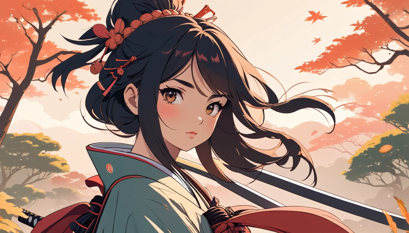 Female samurai, Wide-angle lens, Lofi Anime, Lofi illustration, Aesthetic atmosphere, Lo-Fi Style, Vector art, Flat Design, Simple shape, Warm tones, Pleasant atmosphere, Chill, In anime style, Digital drawing, Vector art, Vector logo for t-shirt printing, (Adorable:1.5), (small:1.4), (Playful:1.2), (soft:1.3), (Whimsical:1.1), masterpiece, Highest quality, 8k, Intricate details, grow, Celestial, Mysterious, Picturesque, amazing, Majestic, Magic, Fantasy art, Cover art, dream-like