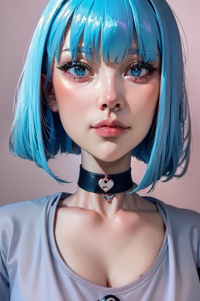 choker on neck , septum nose ,  white girl, blonde, bob haircut, lips snearkes emo slut , horny , blush fat pussy good girl , nerd blond woman with blue hair clips on her head posing for a picture, anime vibes, belle delphine,
