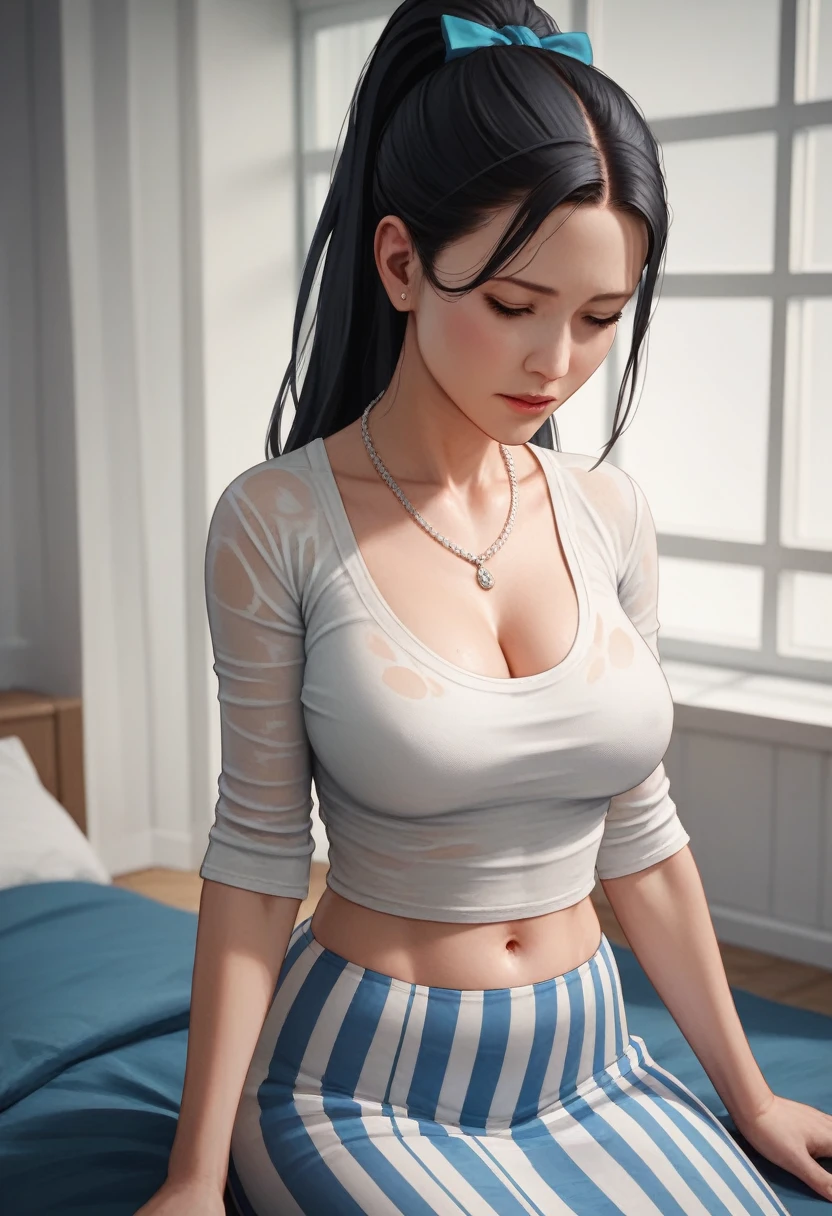 (blue striped skirt),mature women, grace,The background is the bedroom, High-tech feel,black hair,high ponytail,Hair tied with a bow,Wearing a platinum necklace around her neck, 1 girl, ultra high definition, extreme speed, masterpiece, accurate, anatomically correct, textured skin, super detailed, high detail, high quality, best quality, high resolution, 4K,watercolor painting