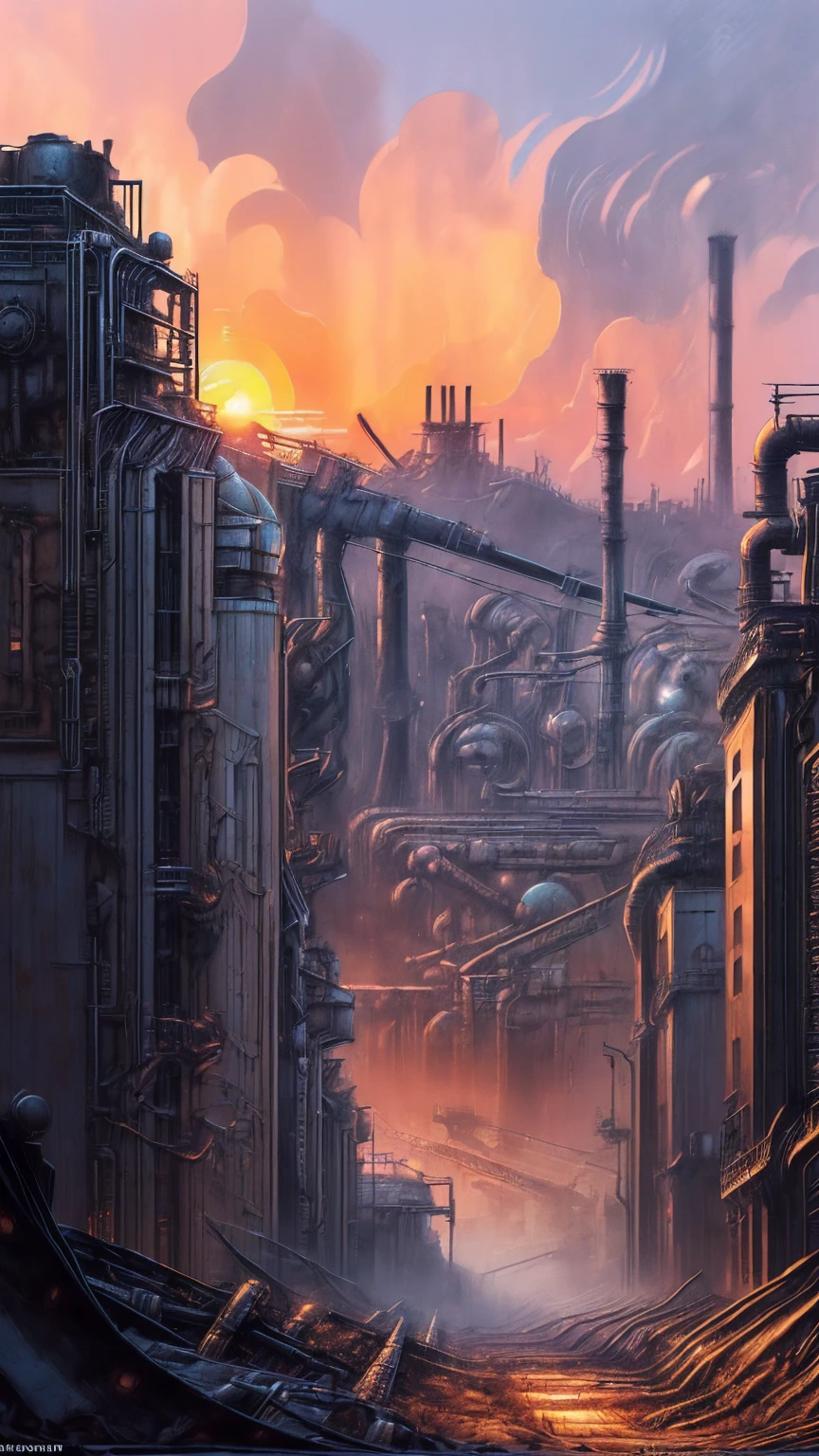 long shot: 1.3, masterpiece, ((industrial city scene with sky with sunset: 1.5)),(( machinery, metal: 1.5)), very beautiful Digital art, Digital art. very detailed and very detailed magical fantasy, colorful digital fantasy art, highly detailed Digital art, beautiful and gorgeous Digital art, very detailed digital painting, 32K