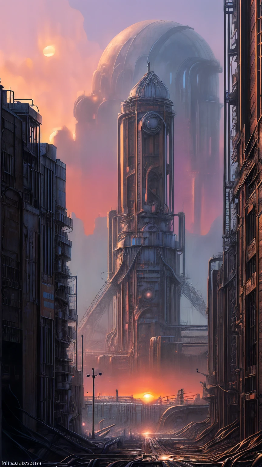 long shot: 1.3, masterpiece, ((industrial city scene with sky with sunset: 1.5)),(( machinery, metal: 1.5)), very beautiful Digital art, Digital art. very detailed and very detailed magical fantasy, colorful digital fantasy art, highly detailed Digital art, beautiful and gorgeous Digital art, very detailed digital painting, 32K