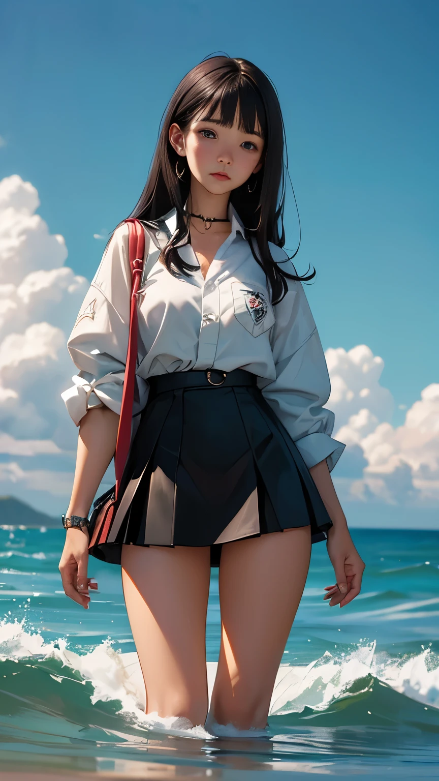 Jason Brooks, Mariajo Ilustrajo, Severus Lian, Owen Davey, Koloman moser, Surrealism, wonder, strange, bizarre, fantasy, Sci-fi, Japanese anime, summer music box, natural sea at high tide, beautiful high school girl in miniskirt, perfect voluminous body, detailed masterpiece