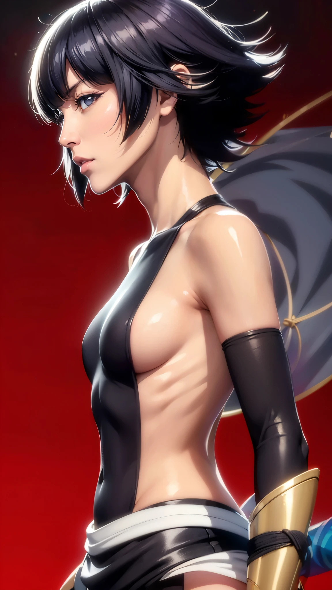 (（（Perfect body,White and tender skin,（（（japanese clothes, sideboob，Black top, Gold belt, black sleeves, black Japanese pants ）））,（（（sui-feng, short hair, short hair with long locks，Black hair））），((masterpiece)),high resolution, ((Best quality at best)),masterpiece,quality,Best quality,（（（ Exquisite facial features,Looking at the audience,There is light in the eyes,Smile））），）））,（（（Light and shadow,Small chest，）））,（（（Looking at the camera,black background,)））),