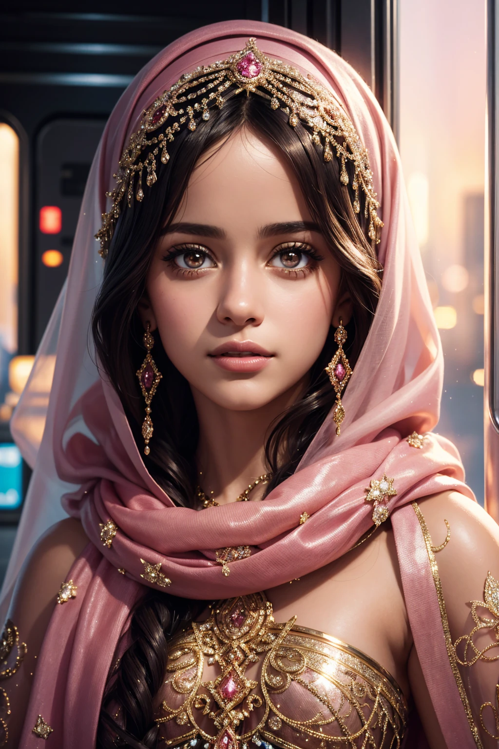 portrait Camila Cabello, wearing a hijab made of pink with jewelry and diamonds costume, against the background of a train, character portrait, 3 9 9 0 s, curly hair, intricate, elegant, highly detailed, digital painting, artstation, concept art, smooth, sharp focus, illustration, art by wlop, charlie bowater and alexandra fomina, 36k, glittering, shining, correct anatomy