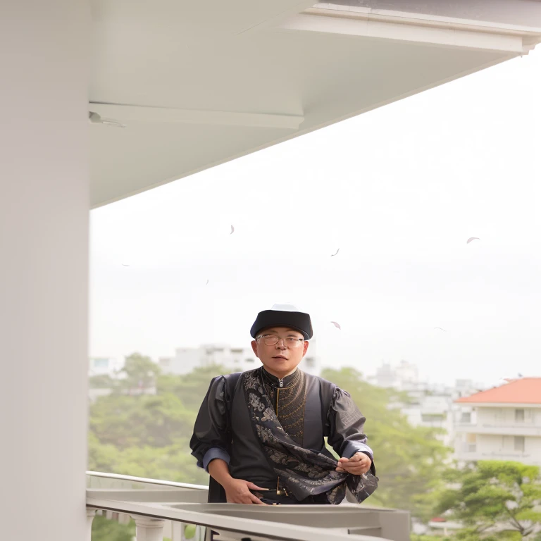 there is a man standing on a balcony with a hat on, taken with canon eos 5 d, taken with canon 8 0 d, taken with a canon eos 5d, taken with a canon eos 5 d, inspired by Basuki Abdullah, taken with canon eos 5 d mark iv, photo taken with canon 5d, taken with canon 5d mk4