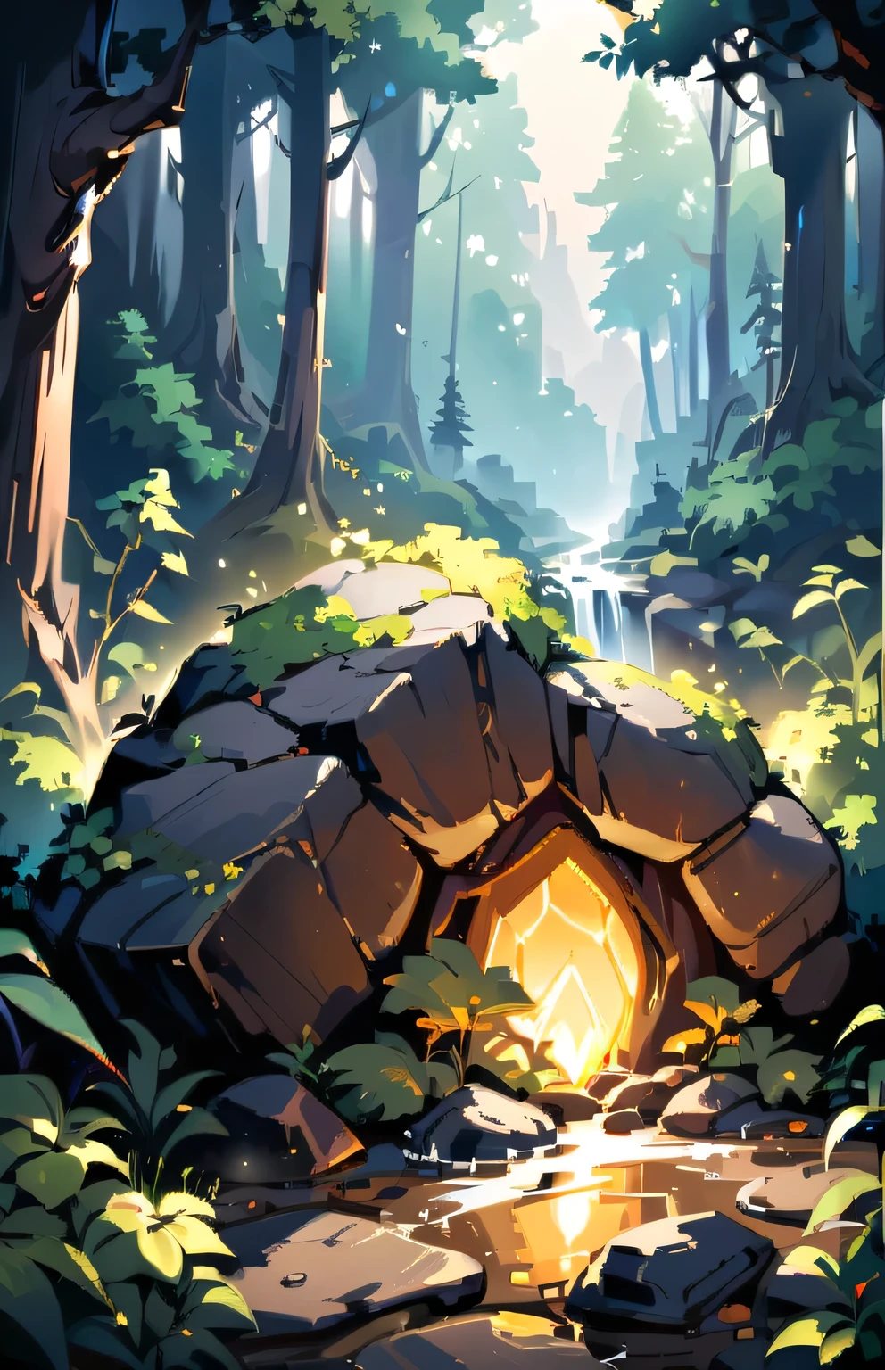 Golden gem embedded in rock, dark forest landscape