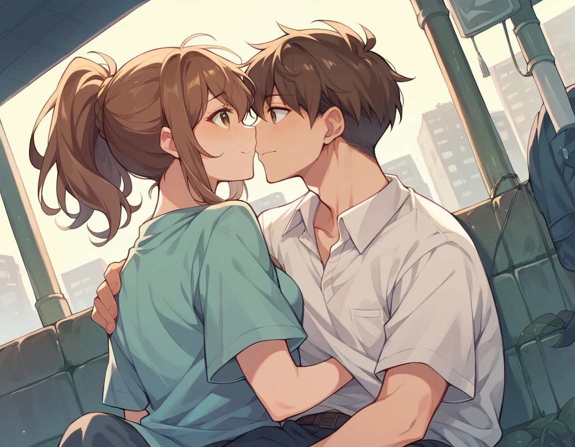 Male in his 20s、Black short hair、girl、、Brown Hair、long hair、cute、Stylish summer clothes、In the city