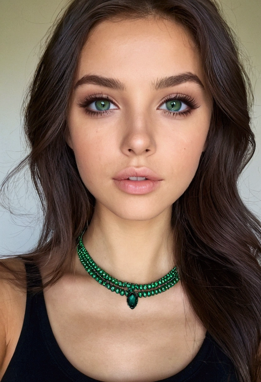 femme arafée avec un débardeur blanc et un collier, Fille sexy aux yeux verts hispanic cheveux attacher , Portrait Sophie Mudd, cheveux noirs et grands yeux, selfie d&#39;une jeune femme, yeux de la chambre, violette myers, sans maquillage, maquillage naturel, regarder directement la caméra, visage avec artgram, maquillage subtil, superbe photo de tout le corps, yeux verts perçants