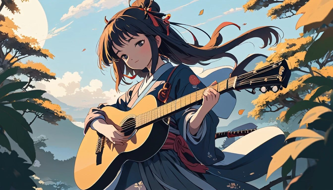 guitar、Female samurai, Wide-angle lens, Lofi Anime, Lofi illustration, Aesthetic atmosphere, Lo-Fi Style, Vector art, Flat Design, Simple shape, Warm tones, Pleasant atmosphere, Chill, In anime style, Digital drawing, Vector art, Vector logo for t-shirt printing, (Adorable:1.5), (small:1.4), (Playful:1.2), (soft:1.3), (Whimsical:1.1), masterpiece, Highest quality, 8k, Intricate details, grow, Celestial, Mysterious, Picturesque, amazing, Majestic, Magic, Fantasy art, Cover art, dream-like