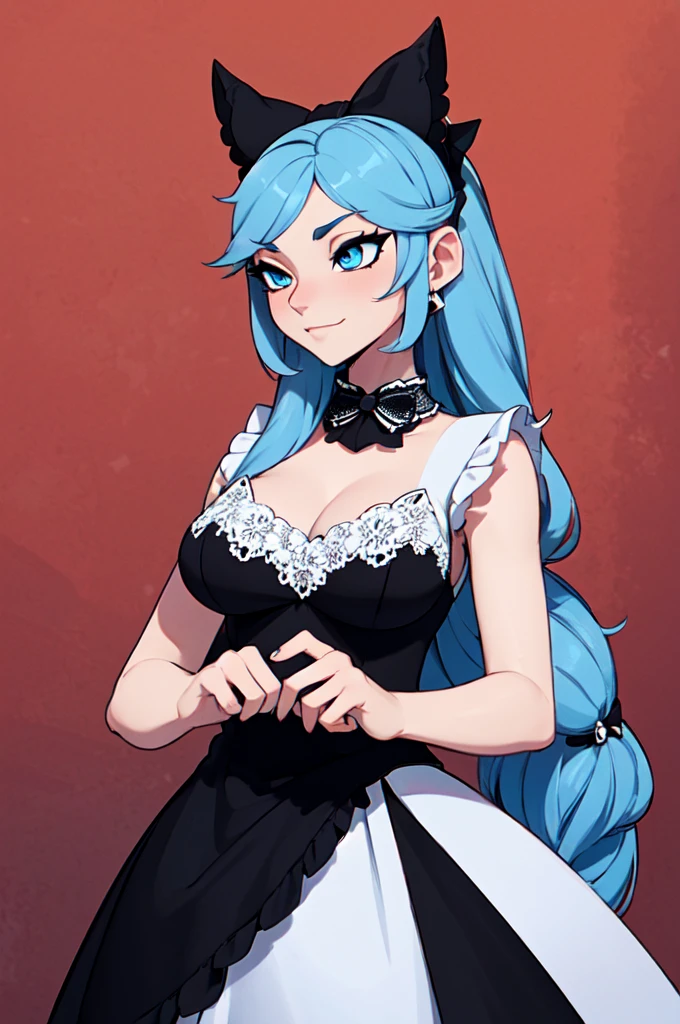 a hairy, anthropomorphic cat with white fur and striking blue eyes, wearing an elegant black dress with a slight neckline with lace details and a bow on her head and long hair,no human ear . The character exudes a sophisticated and mysterious aura, mixing animalistic characteristics with sensibilities human fashion, anime style
