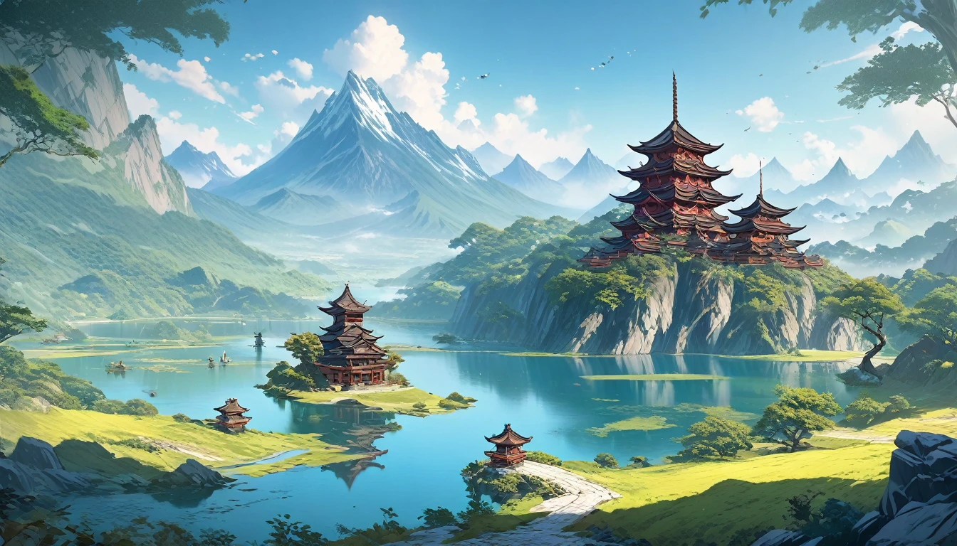 Anime Landscape:a lake between mountains,There is a pagoda in the middle, Matte inspired by Andreas Rocha, Popular on artstation, Fantasy Art, Anime Landscape, Anime Landscape wallpaper, Andreas Rocha style, Detailed scenery —width 672, Ross Chen. Landscape background, 8k high quality detailed art, 4k highly detailed digital art, Japanese art style