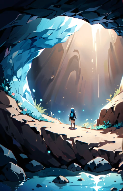 Cave with poor lighting, blue minerals