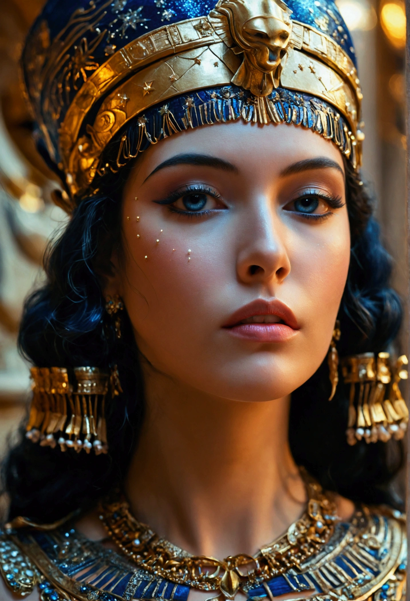 Cleopatra Under the Stars:

Cleopatra, in a midnight blue gown adorned with silver accents, gazes at the night sky from a palace balcony. The starry backdrop and gentle moonlight add a sense of mystique. [Photorealistic portrait, inspired by historical paintings, vibrant 3D render].