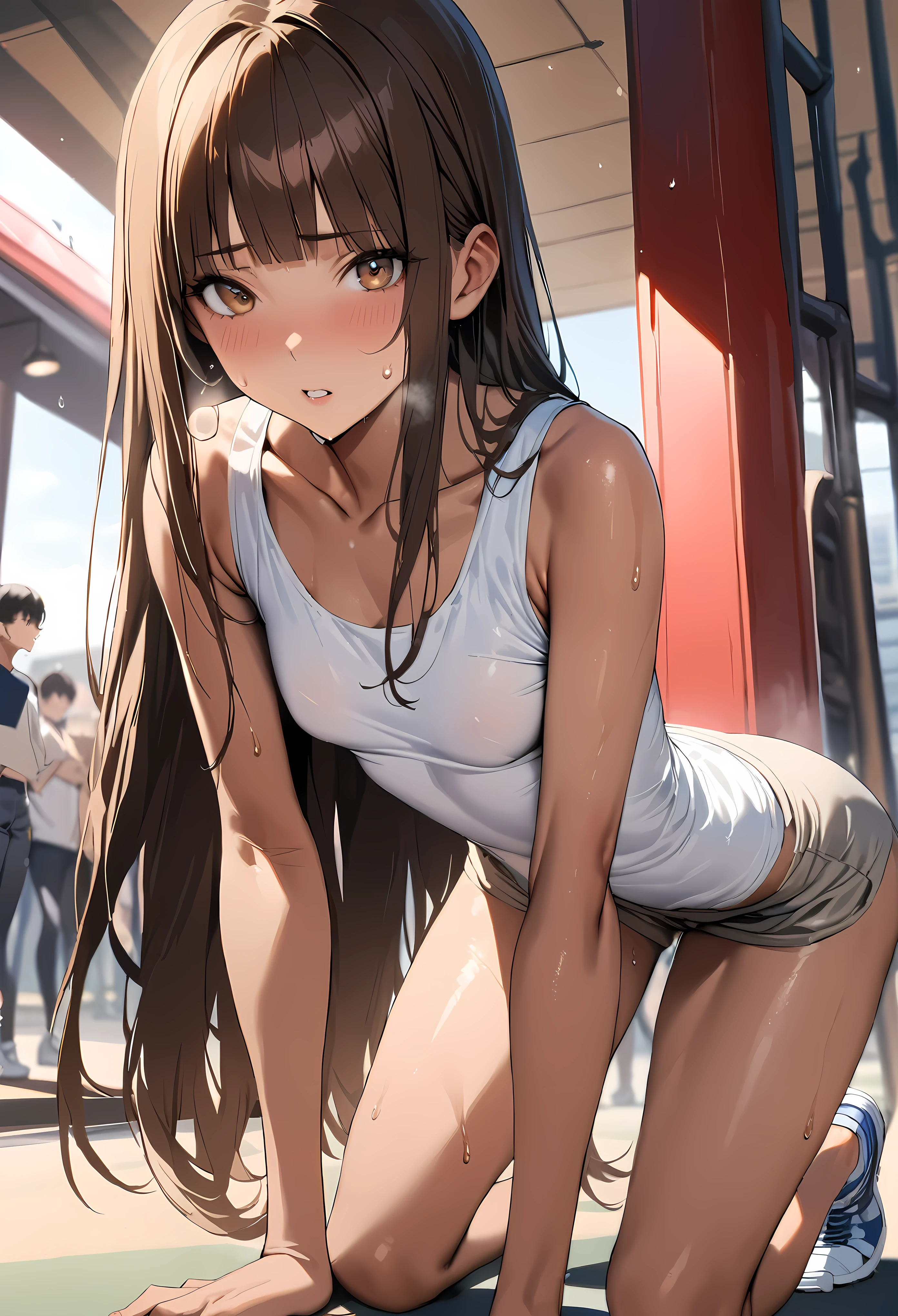 ((masterpiece,best quality anime,Highest quality:1.3)),realistic,cowboy shot,20 year old beauty,solo,1woman,((very small head:1.3)),((very long body:1.2)),ideal ratio body proportions,tan skin,brown hair,bangs,straight long hair,gorgeous eyes,brown eyes,Heavy breathing、White tank top、Light grey cotton shorts,、White running shoes、((slender body,skinny)),toned body,(sweat:1.3),small breasts,gleaming skin,On all fours、playground、Tokyo、