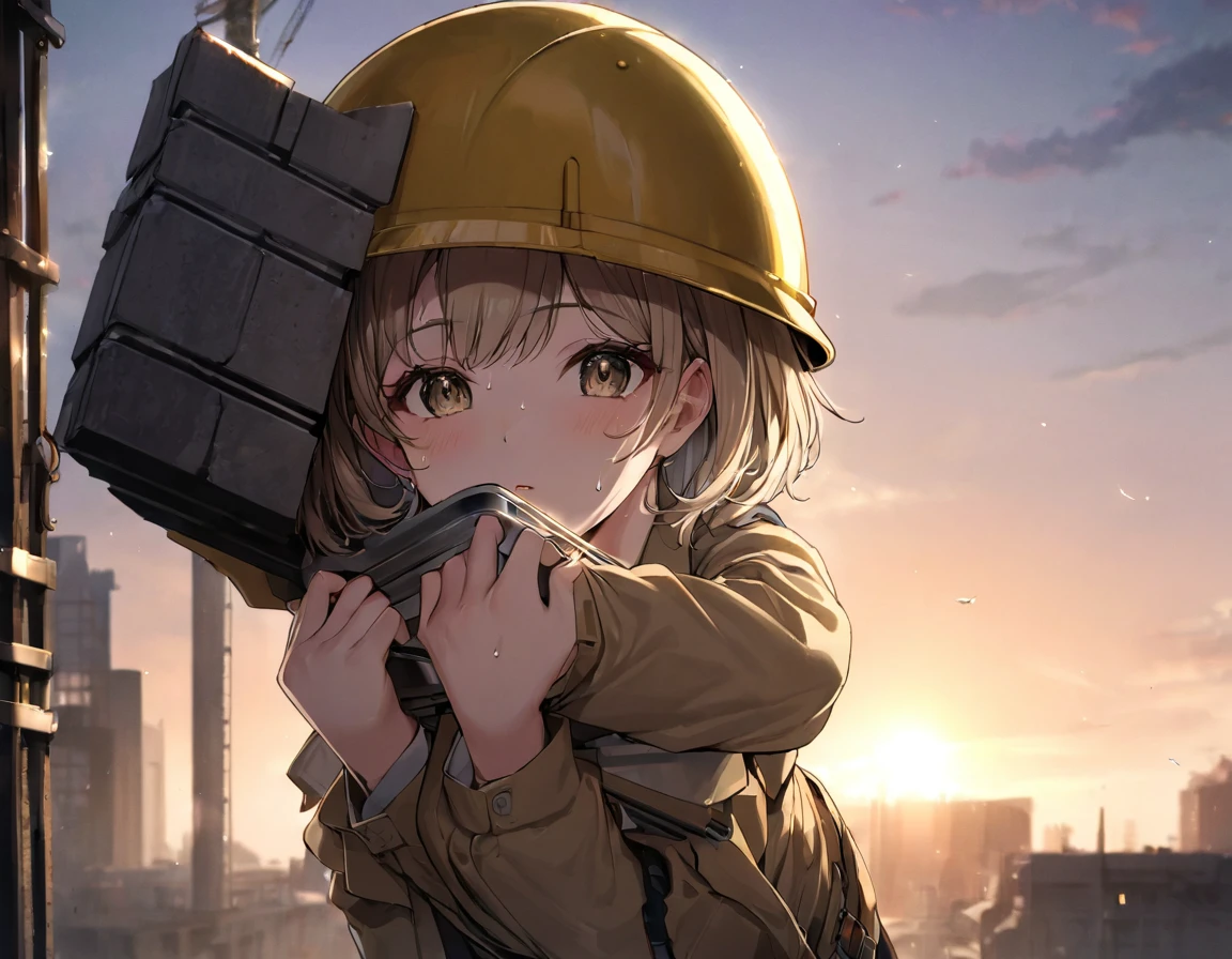 top of construction site made of Steel bars and concrete, masterpiece, top quality, highly detailed illustration, incredibly delicate and beautiful,8K,A Beautiful Asian woman dressed in work clothes is standing at the construction site,((She is carrying a Steel bars on her shoulder and supporting it with both hands)),ultra-detailed face,detailed eyes,brown eyes,gradient eyes,short hair,milktea beige hair,lash extension,The woman is wearing a yellow helmet,Focus on the woman,Sweat,peaceful,rim light,(overlooking:1.3)