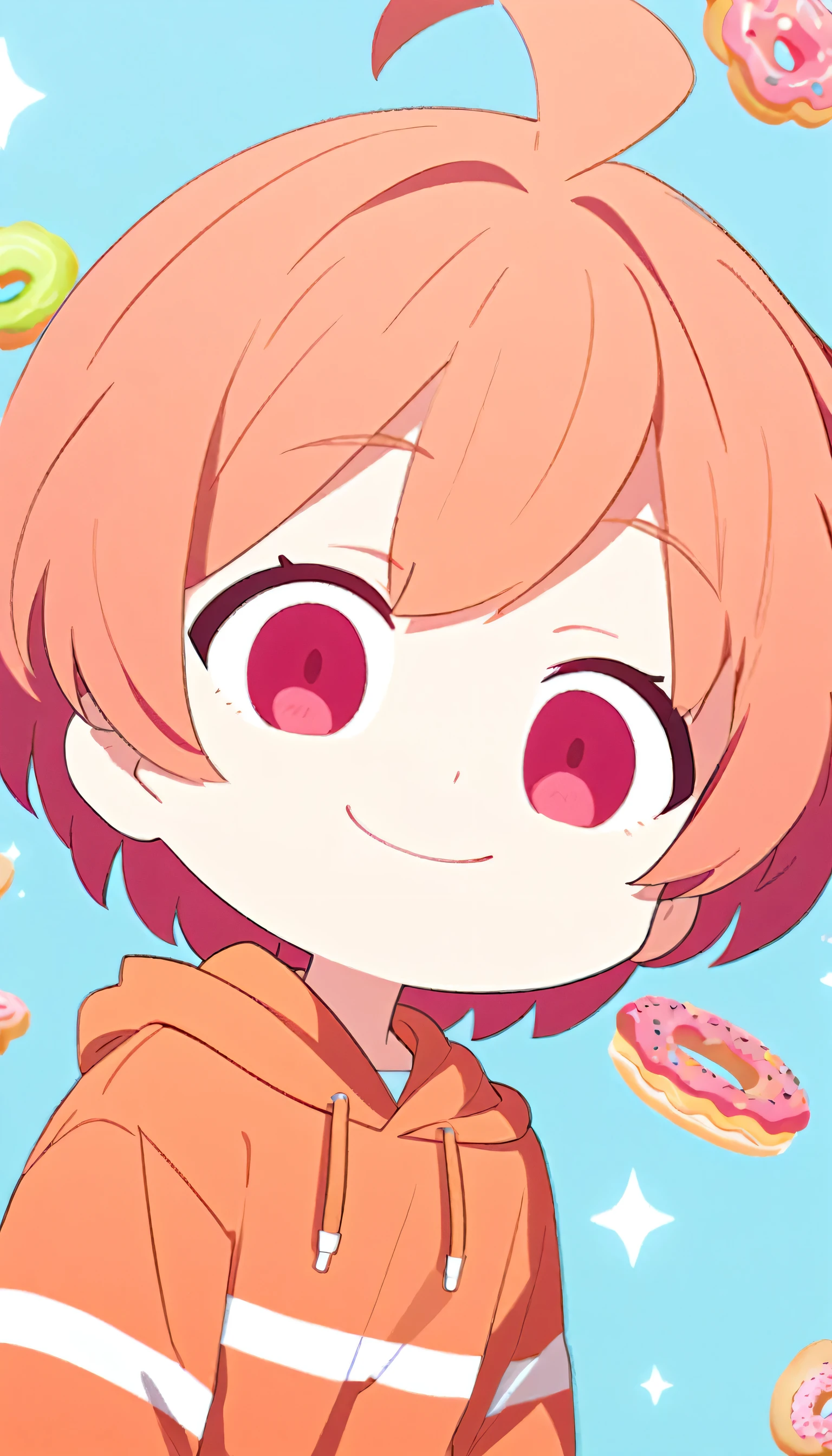 Create an anime style illustration. The character is in a chibi style. The character is a young man with short salmon hair and red eyes. He is wearing an orange hoodie with a hood. The character has a wide smile on his face. One corner of his mouth is turned up in a smile. The background is a simple light blue color.　whole body　have a donut