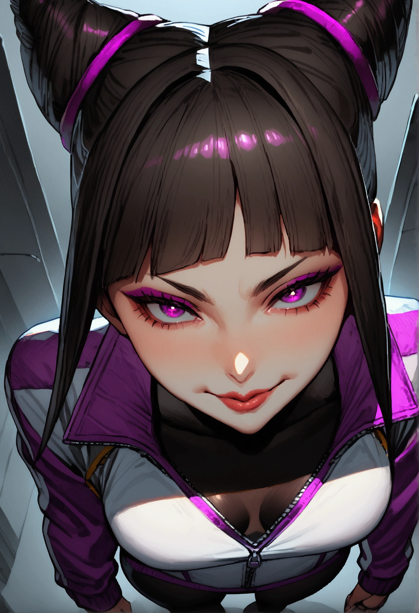 Juri Han,dark eyeshadow,glare eyes,beautiful young fitness woman with , in a gym wearing May with black pantyhose, white and purple fitted gym jacket. standing alone,hair horns,bright purple eyes,Evil smile,legging preto ,lips,dark eyeshadow,glare eyes,head looking down,upward eyes,View from above,upward eyes,head down