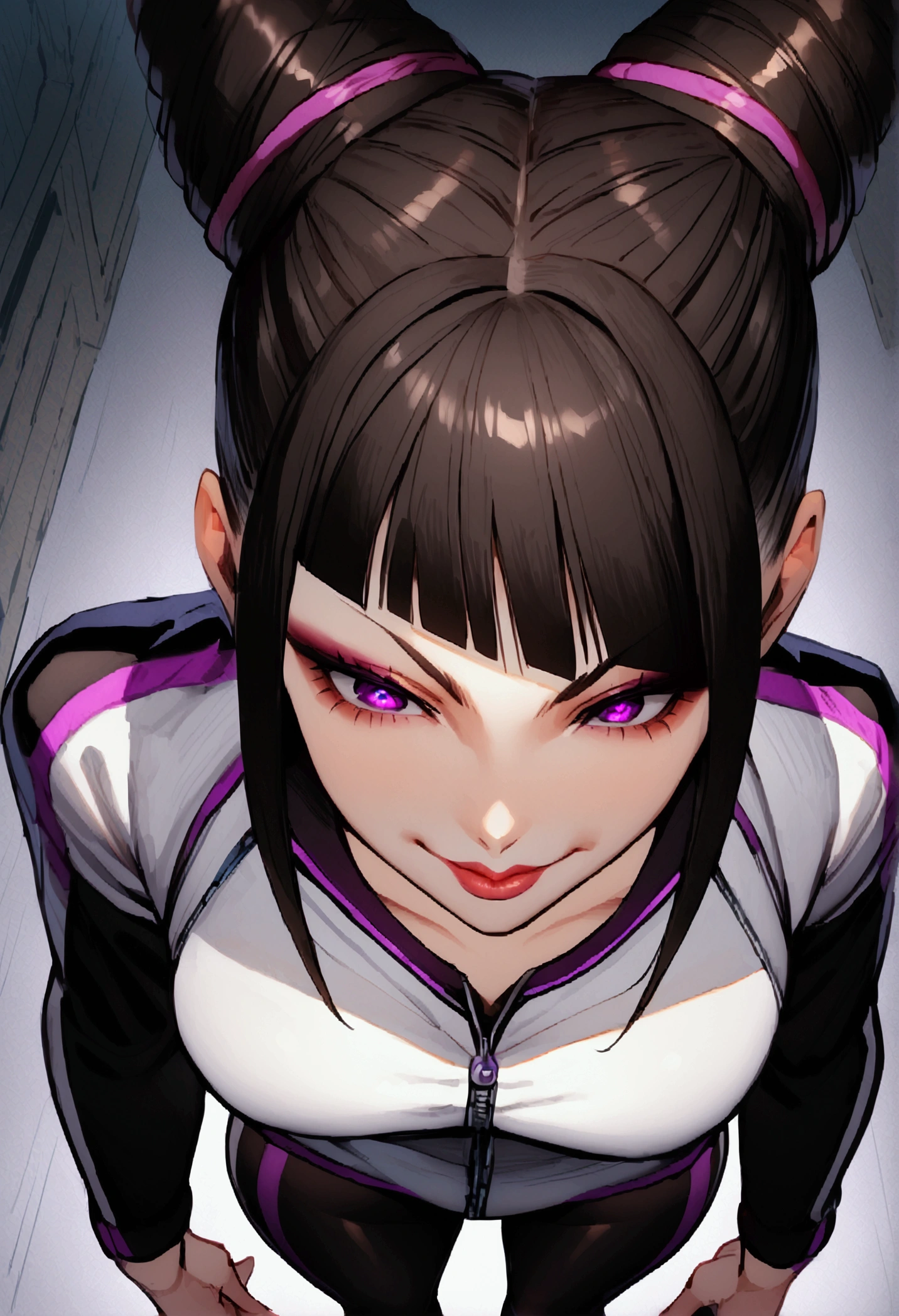 juri han, work of art, tight white secretary shirt with black tie, black high waist skirt, short skirt,stocking, black hair, black tightscary sun,office,bangs on the eyes,Lighting,horn of hair,view from above,staring overhead,evil smile,sitting,cross legs,glowing purple eyes,stocking black