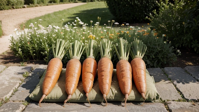 photo of carrots in a bed with long green tops, in the garden in the sunshine. Photo taken with a professional camera in daylight, 4k, Realistic photography