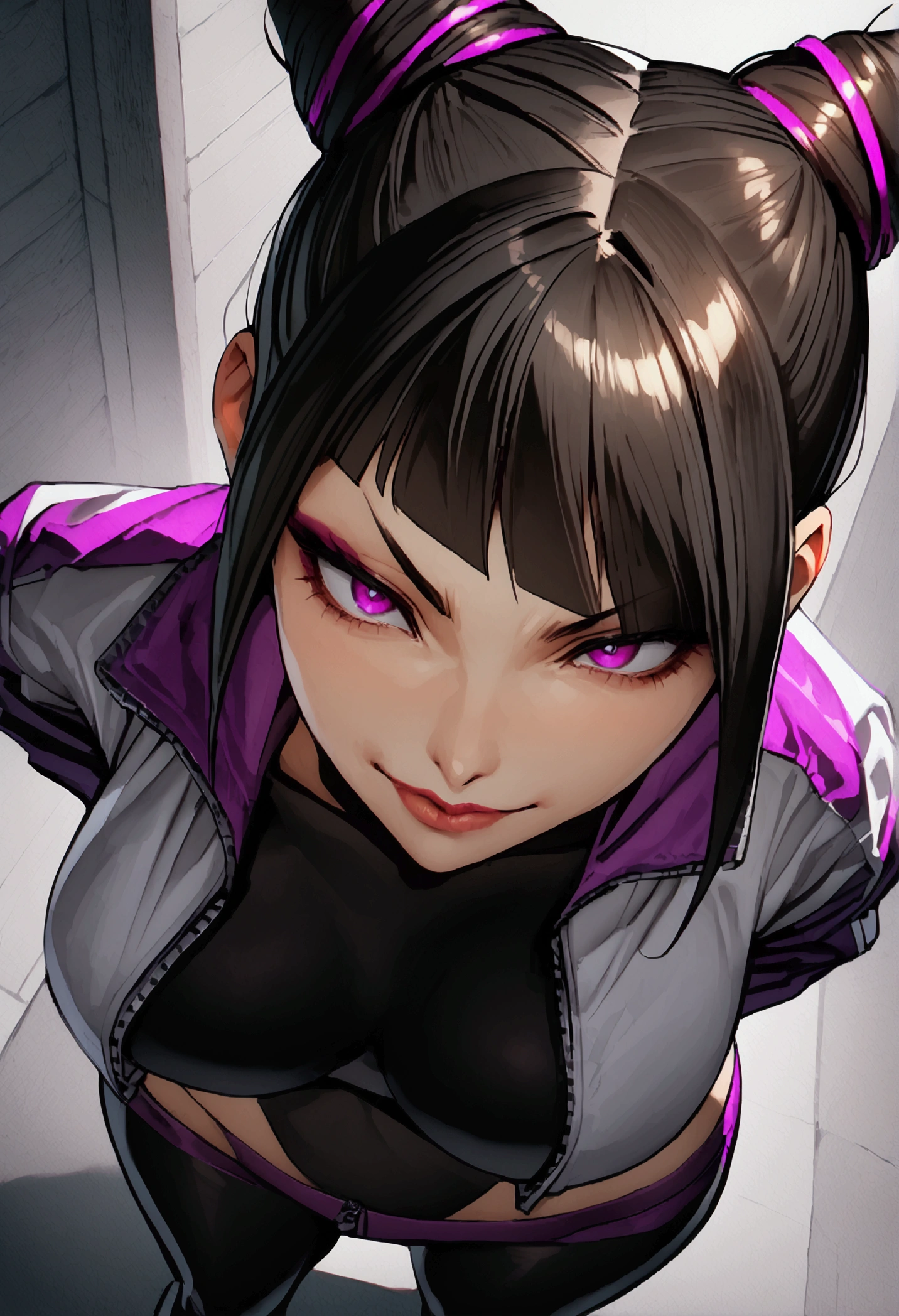 Juri Han,dark eyeshadow,glare eyes,beautiful young fitness woman with , in a gym wearing May with black hose, white and purple fitted gym jacket. standing alone,hair horns,bright purple eyes,Evil smile,legging preto ,lips,dark eyeshadow,glare eyes,head looking down,upward eyes,View from above,upward eyes,head down,evil smile