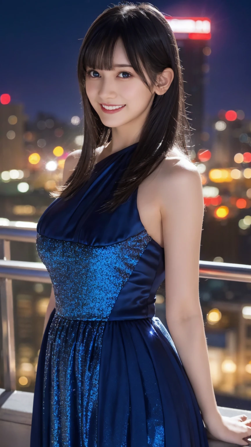 1girl,(wearing a blue glittery evening dress:1.2),(RAW photo, best quality), (realistic, photo-realistic:1.4), masterpiece, an extremely delicate and beautiful, extremely detailed, 2k wallpaper, Amazing, finely detail, extremely detailed CG unity 8k wallpaper, ultra-detailed, highres, soft light, beautiful detailed girl, extremely detailed eyes and face, beautiful detailed nose, beautiful detailed eyes,cinematic lighting,city lights at night,perfect anatomy,slender body,light smile,close up,(long hair with bangs), big breast.