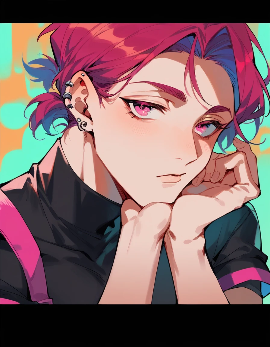 a boy with long purple and red hair, up to the shoulders, piercings na orelha, hot pink eyes, wearing feminine and short clothes. your chin rests under your hands in a perverted way. the pink, red and orange are colors present in her sexy and short clothes Gender: masculine