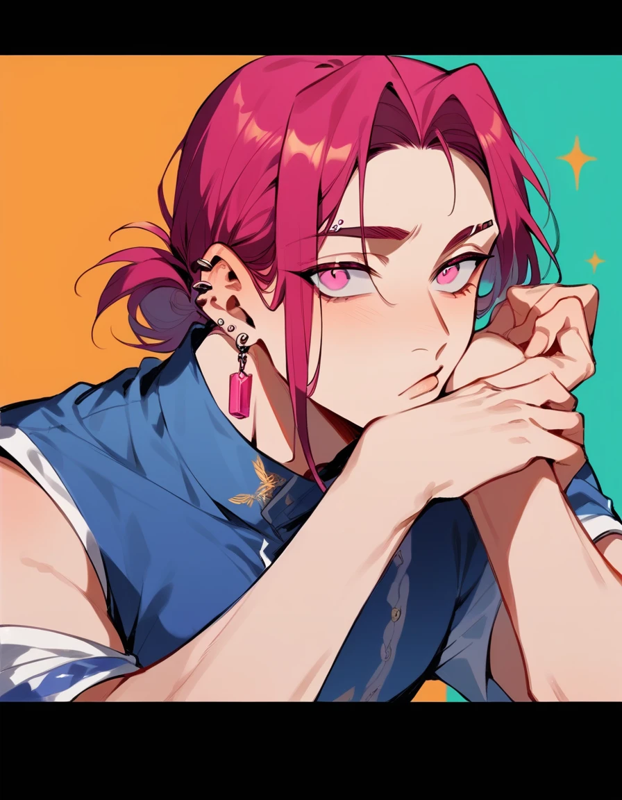 a boy with long purple and red hair, up to the shoulders, piercings na orelha, hot pink eyes, wearing feminine and short clothes. your chin rests under your hands in a perverted way. the pink, red and orange are colors present in her sexy and short clothes Gender: masculine