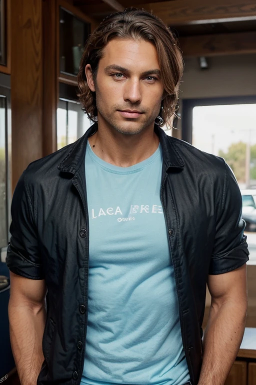 40 year old olive skin man... Pale blue eyes... Fair-skin, tanned...wavy Tousled Short dark blonde hair... Slight stubble, not fully clean-shaven but also not completely unshaved... 1.88m tall... Athletic, slightly muscular, with a lean and fit build... He's wearing a black jacket, t-shirt and jeans