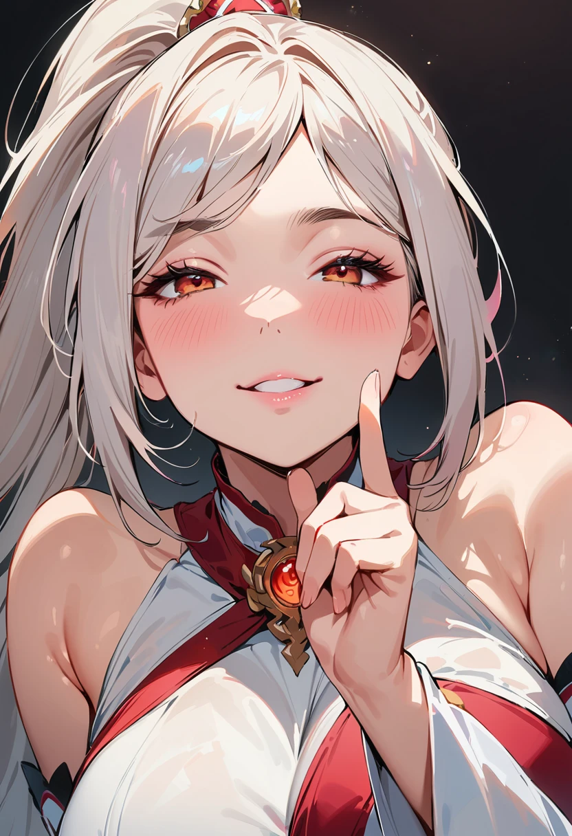 (masterpiece, best quality:1.4), 1 girl, 独奏, Red pupil, Blurred eyes, Smile, Look up and down, Pink lower lip, Left index finger touching face, Silver asymmetrical hairstyle, Long bangs on one side, High ponytail royal sister, Huge breasts, White Dress, Vision, black background.