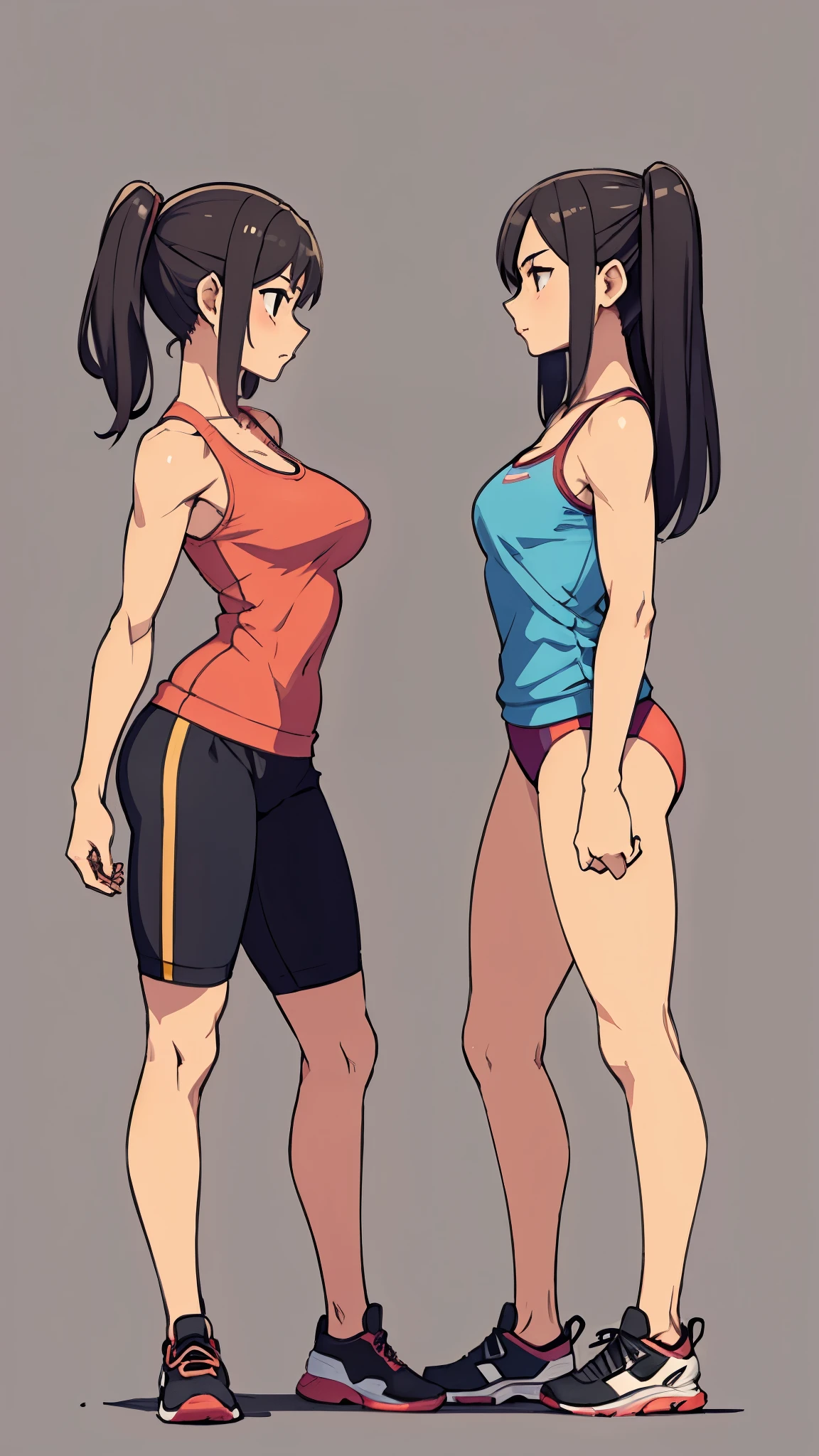 Two women in shorts and tank tops standing next to each other - SeaArt AI