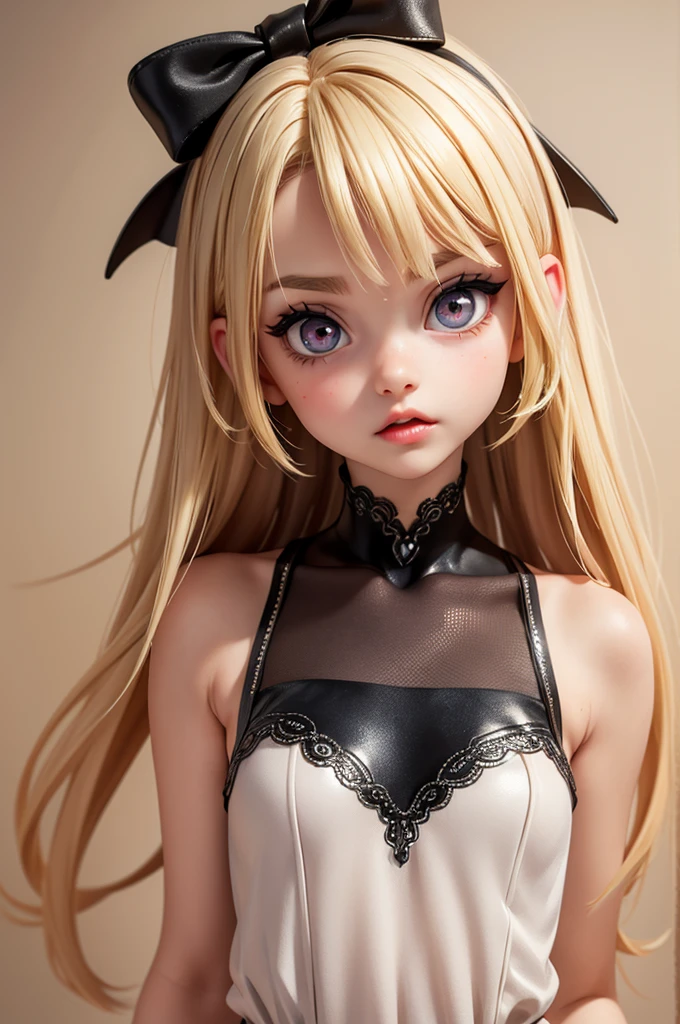 hyperrealistic 14 year old american teen, blonde, little, perfect tiny body, sexy, dark makeup, perfect slim face, big red lips, very cute face, tiny body, big eyes, young looking, childish looking, little clothes