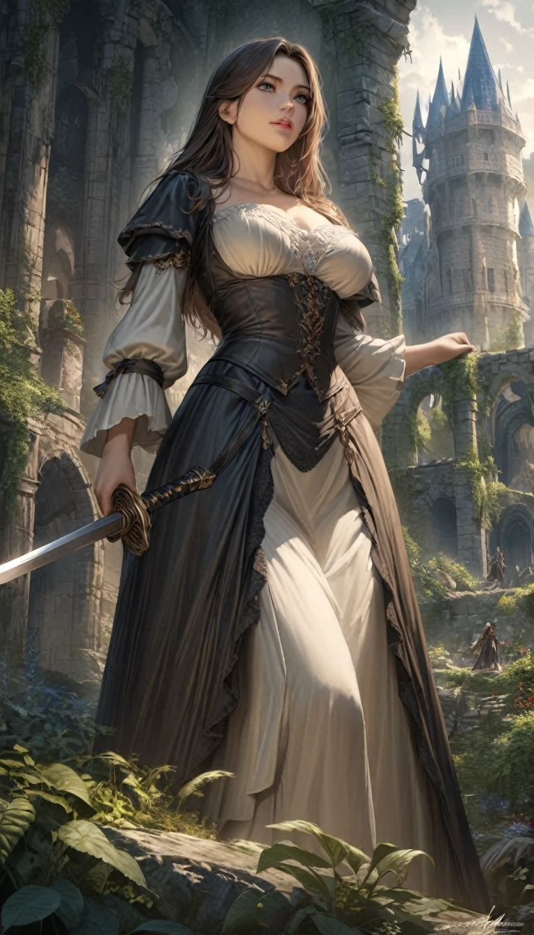 a woman standing in a medieval fantasy scene, detailed anime style, elegant victorian era dress, holding a sword, low angle view, beautiful detailed eyes,beautiful detailed lips,extremely detailed eyes and face,longeyelashes,1girl,digital painting,high quality,8k,ultra-detailed,realistic,photorealistic,masterpiece,dramatic lighting,cinematic atmosphere,fantasy,dark fantasy,detailed background,lush vegetation,castle ruins