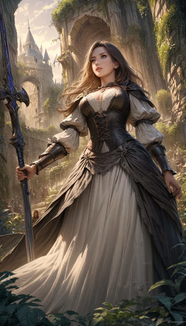 a woman standing in a medieval fantasy scene, detailed anime style, elegant victorian era dress, holding a sword, low angle view, beautiful detailed eyes,beautiful detailed lips,extremely detailed eyes and face,longeyelashes,1girl,digital painting,high quality,8k,ultra-detailed,realistic,photorealistic,masterpiece,dramatic lighting,cinematic atmosphere,fantasy,dark fantasy,detailed background,lush vegetation,castle ruins