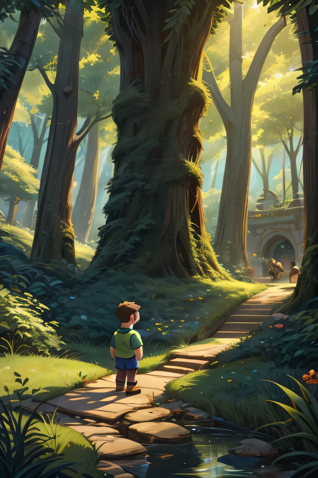 A curious 10 year old boy with brown hair and eyes, cartoon-like, standing in the grass with a tree and butterflies, arte artstation, adorable digital painting, cute cartoon character, non-style art of Goro Fujita, Detailed and cute digital art, inspired by Goro Fujita, concept art of a 10 year old boy, cartoon digital painting art, 2d illustration, cute character, high quality character design, magical forest environment in a city full of enchanted lakes, environment full of tall green trees that seem to touch the sky, Sunlight shining through the leaves in the middle of this forest, a mysterious cave.