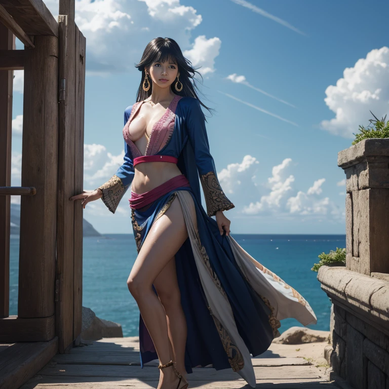 masterpiece, (Realistic:1.5), Highest quality, Beautiful lighting, Real Life, boa hancock, (only solo people ), 2 or more people NG, (perfect anatomy) , beautiful , , , , , , , large breasts , Cleavage, Slim waist, smile, , standing alone , Sweat-soaked skin, , , , , , full-body shot angle capturing, Wearing high heels, Detailed high heels, Bangles, bangs, Earrings, , , jewelry, Log Pause, , , , , , , blue sky, cloud, big pirate ship on the sea, floor, , Detailed footwork , , , Complex, Attention to detail, Sharp focus, dramatic, (RAW Photos, 8k Ultra HD, Film Grain), Caustics, Scattered beneath th