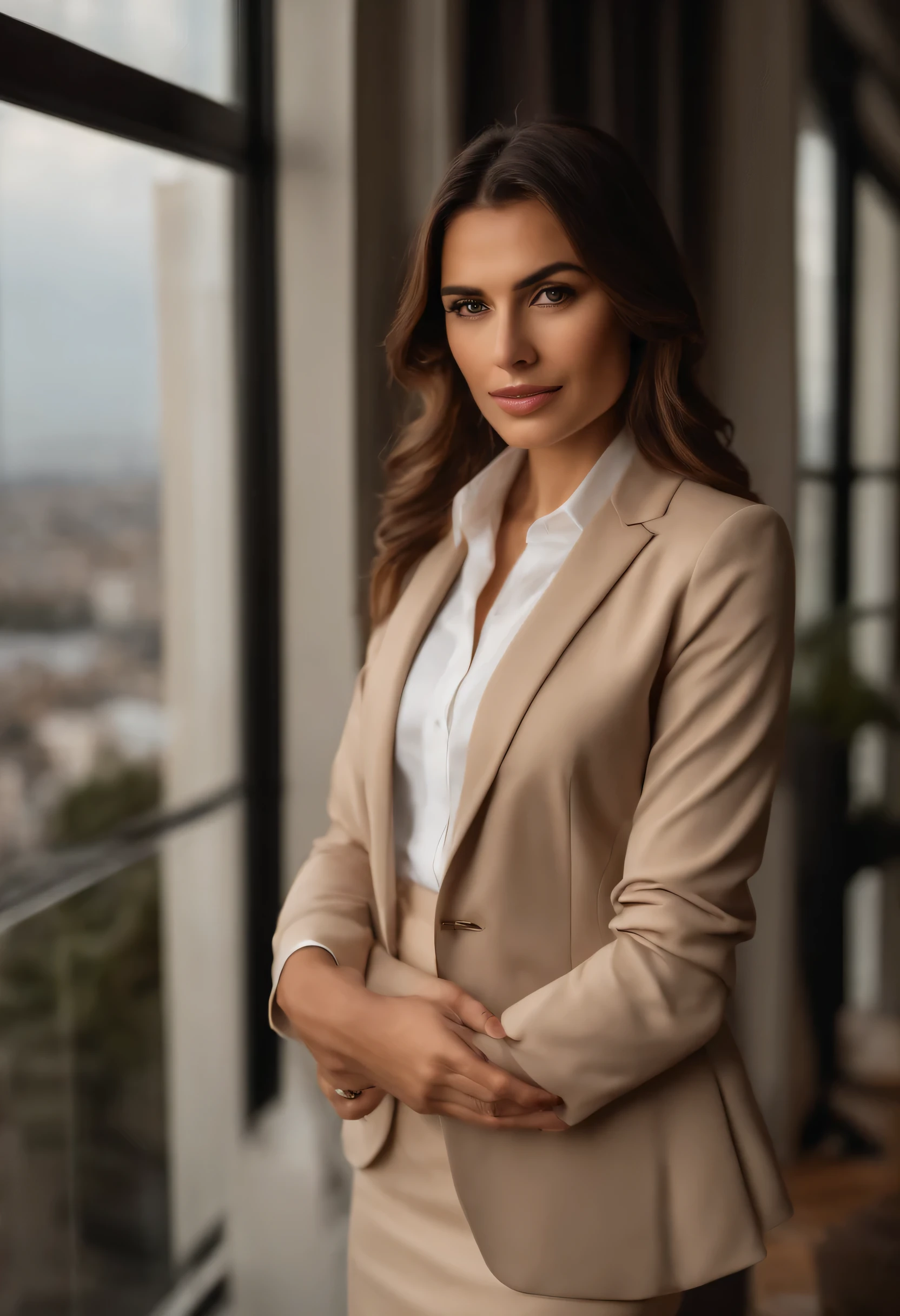 Upper body photo of brown-eyed BRUNETTE woman in a beige blazer and white business shirt and beige business skirt standing in a European-style luxury home, business clothes, Panoramic view of the city, CRU photo, highly detailed skin ,8k hd, dslr, soft lighting, high qualiy, cinematic grain, Fujifilm XT3.