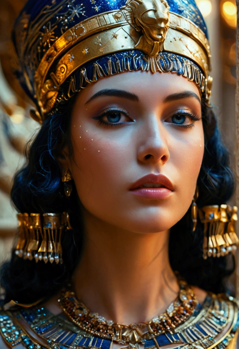 Cleopatra Under the Stars:

Cleopatra, in a midnight blue gown adorned with silver accents, gazes at the night sky from a palace balcony. The starry backdrop and gentle moonlight add a sense of mystique. [Photorealistic portrait, inspired by historical paintings, vibrant 3D render].