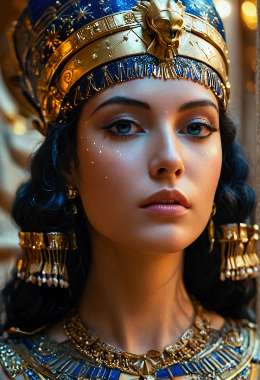 Cleopatra Under the Stars:

Cleopatra, in a midnight blue gown adorned with silver accents, gazes at the night sky from a palace balcony. The starry backdrop and gentle moonlight add a sense of mystique. [Photorealistic portrait, inspired by historical paintings, vibrant 3D render].