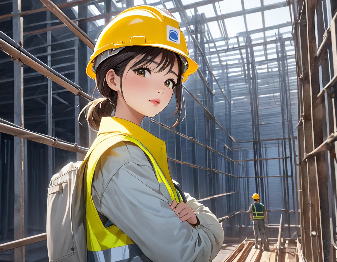 top of construction site made of Steel bars and concrete, masterpiece, top quality, highly detailed illustration, incredibly delicate and beautiful,8K,A Beautiful Asian woman dressed in work clothes is standing at the construction site,((She is carrying a Steel bars on her shoulder and supporting it with both hands)),ultra-detailed face,detailed eyes,brown eyes,gradient eyes,short hair,milktea beige hair,lash extension,The woman is wearing a yellow helmet,Focus on the woman,Sweat,peaceful,rim light,(overlooking:1.3)