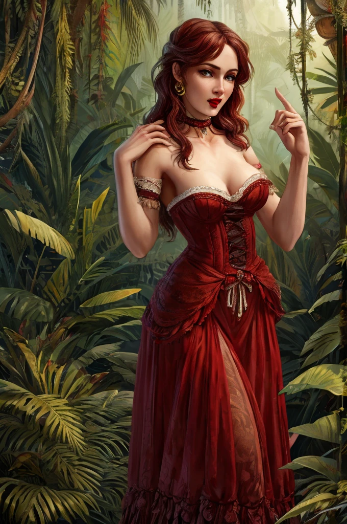 female fox mid transformation, solo, masterpiece, best art, victorian dress. detailed hands, detailed eyes, detailed torso, jungle, expression, transformation, human face, red shaggy hair. Hourglass figure. red lip stick, sexy pose.