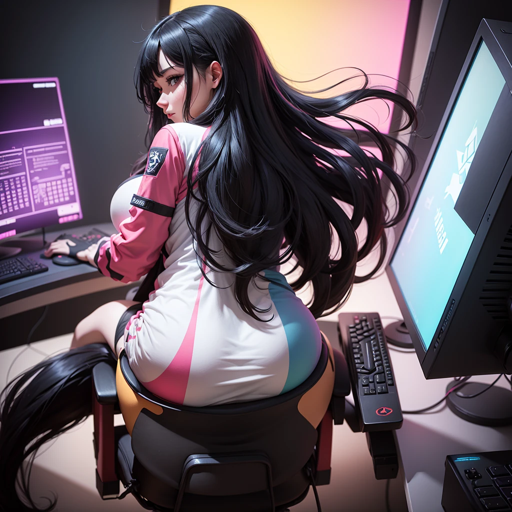 One Woman、beautiful girl、Sit on a chair、big glasses、Dark Room、computer、Sit in a gaming chair、High-end headphones、Grip the game controller、computerに向き合う、beautiful girl, Highest quality, Tight T-shirt、Tight T-shirt、Game Geek、Thick thighs、big 、big Ass、Black Hair、Long Hair、bangs、Sweaty body、I'The whole body is sweating、Obscene sound effects、Excited、panties、Playing a mischievous game