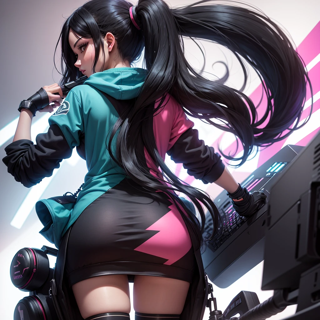 Gamer woman in a colorful setup , back silhouette with long black hair