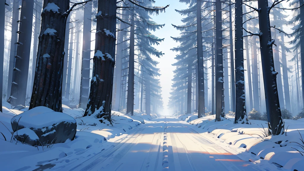 High level of image quality、Bright,clean,Snowy forest,Stone Road,cartoon,Empty scene