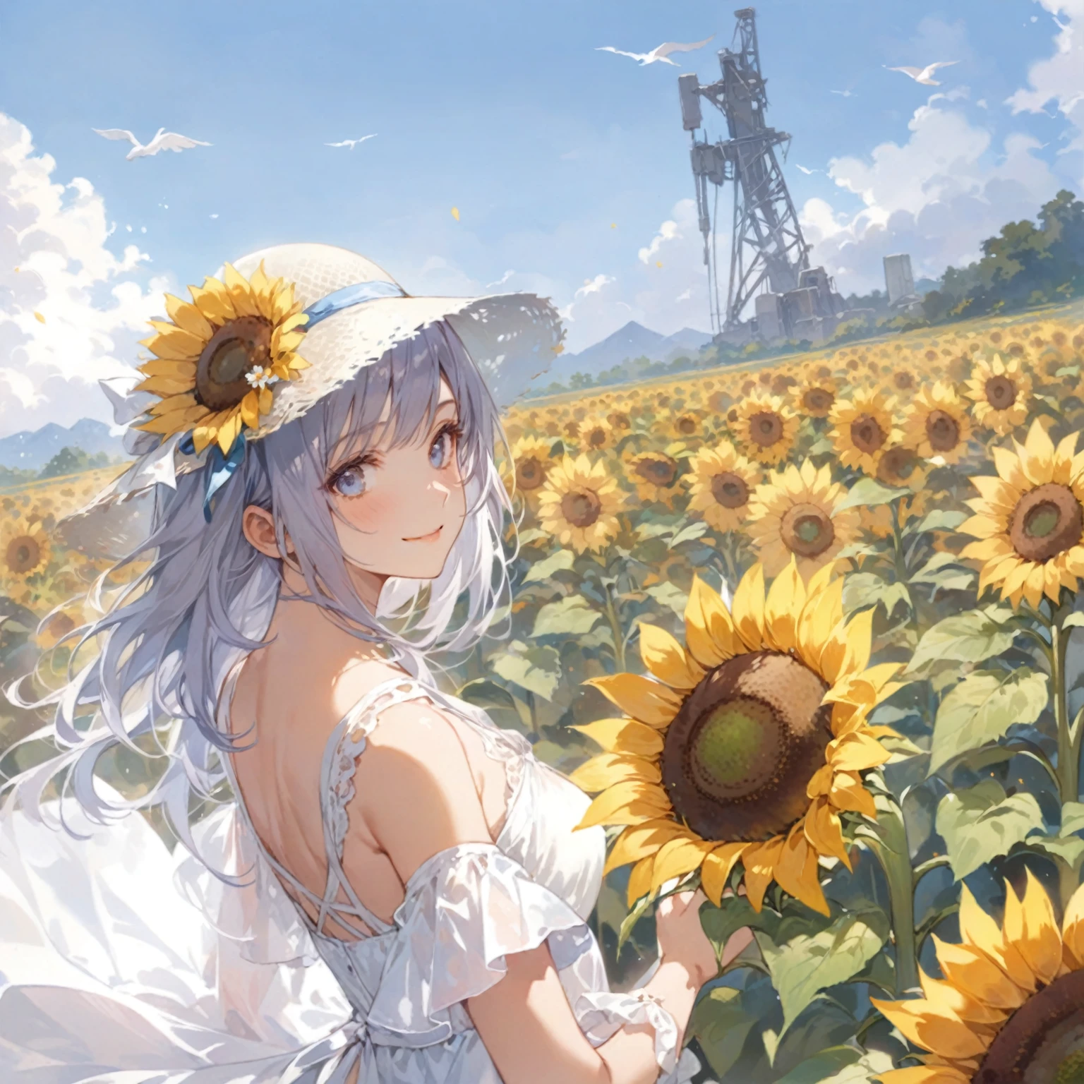 score_9_up, score_8_up, score_7_up, source_anime,masterpiece, best quality, high resolution, extremely detailed CG, absurdres, highres, Landscape, Early Summer, A young girl wearing a straw hat and a simple summer dress stands holding a sunflower at the corner of an endless field of sunflowers, there is a huge abandoned machine in the distance, blue sky and white clouds, smile, close mouth, looking at viewer, ((apocalypse)),perfect anatomy,very aesthetic,good_hands