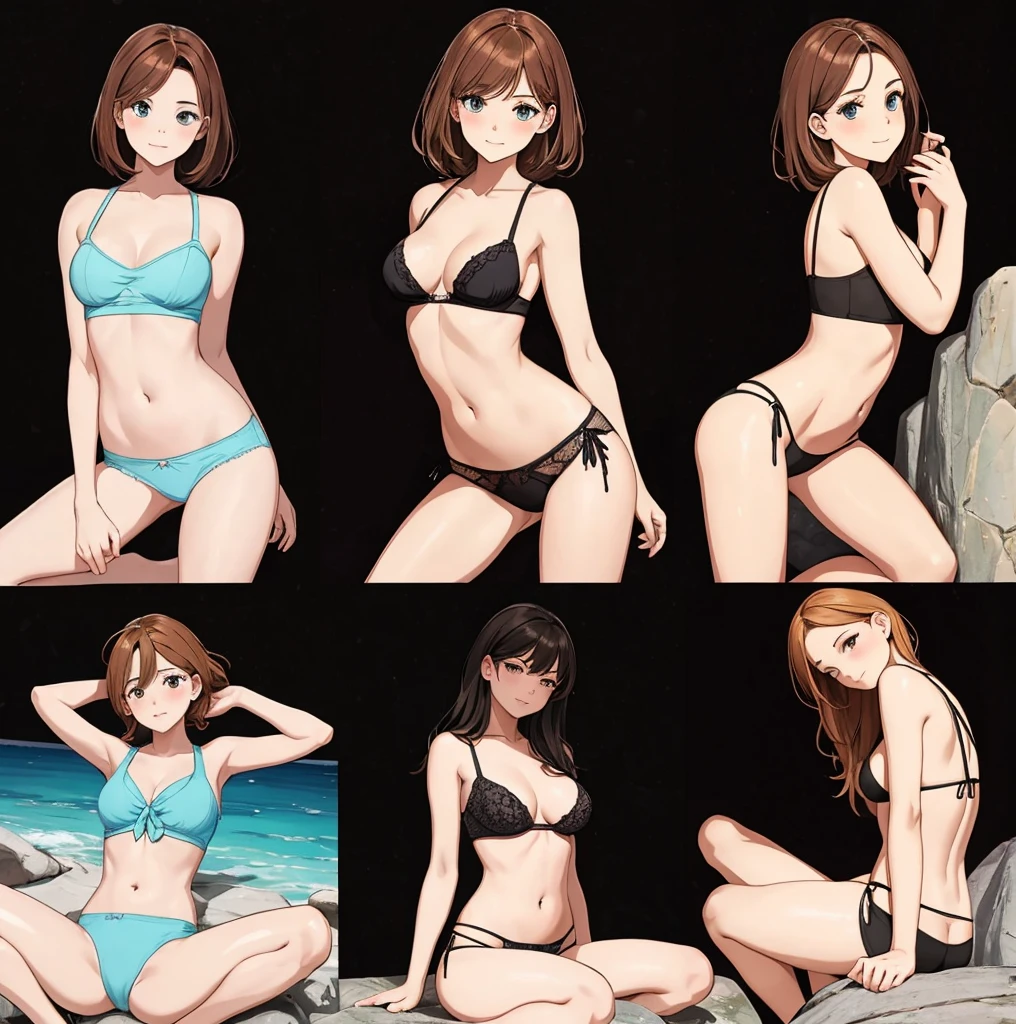 a girl crouches on a rock near the water in front of her navel flat chest, the back view of a lady in tight panties on her phone device and showing off her back, four pictures with different expressions in the same drawing style each shows one woman and two other girls, a few cartoon images of the same female character that i'm not sure what this is, a young girl touching her stomach and her breasts, a collection of sketches of several women, two pages show a woman in underwear next to another girl wearing a thongy panties