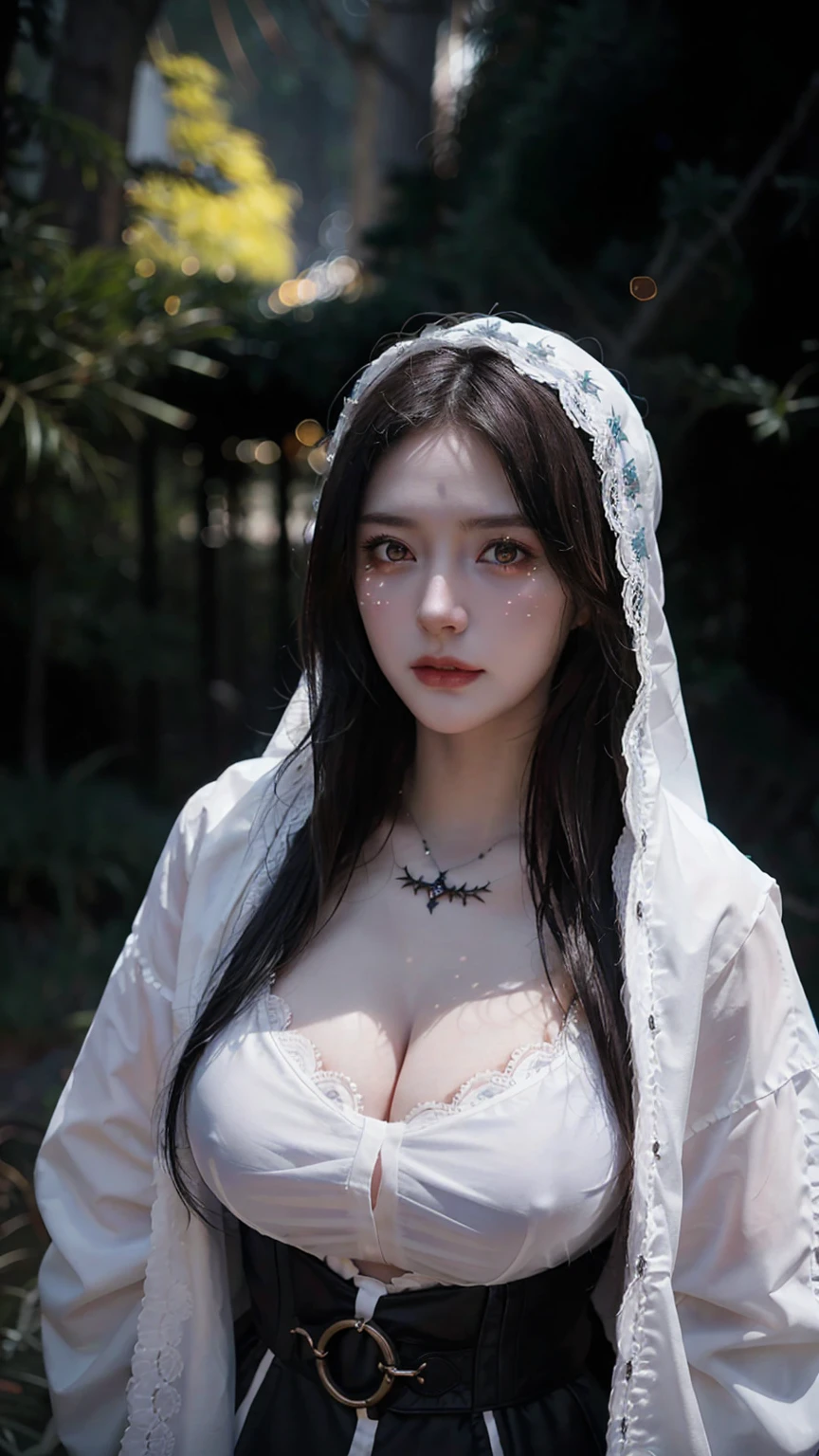 1 Girl, Beautiful, Baby Face, 20 Years Old, White Skin, Colossal Breasts, Sexy Pose, She Wearing A Darkness Witcher Cosplay Costumes, Witch Make Up, Witch Cloak, Blue Eye, Muscles, Bokeh, Darkness Forest Background, Masterpiece, Dark Magic, Night Scene, Foggy, Heavy Storm, Surrounded by Evil Spirits, ((bokeh:1.2))